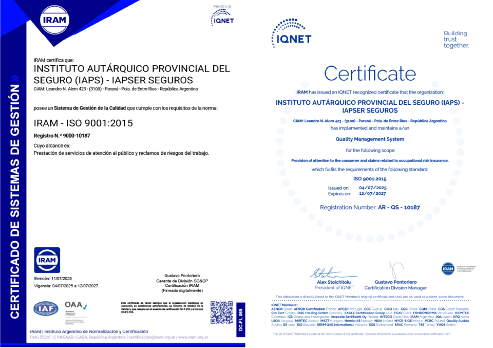 IAPSER certificó por quinto año consecutivo el sello ISO 9001:2015